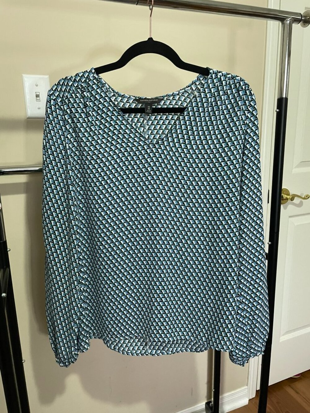 Slit Sleeve Blouse, Blue Patterned, M